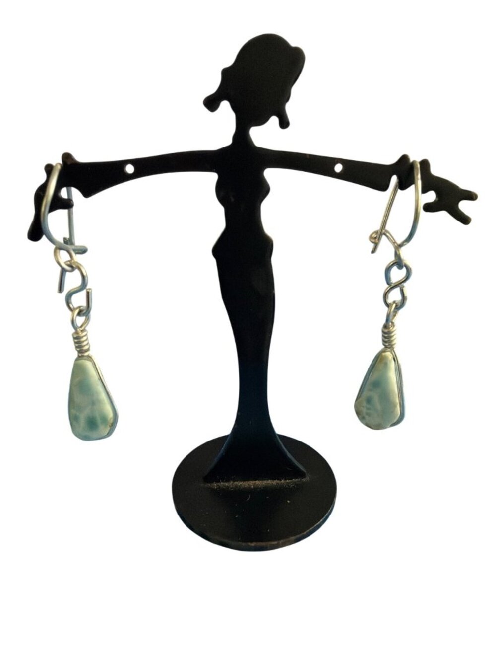 Larimar Drop Earrings Sterling Silver Wire Wrap Lightweight Teardrop Blue 1.5"
